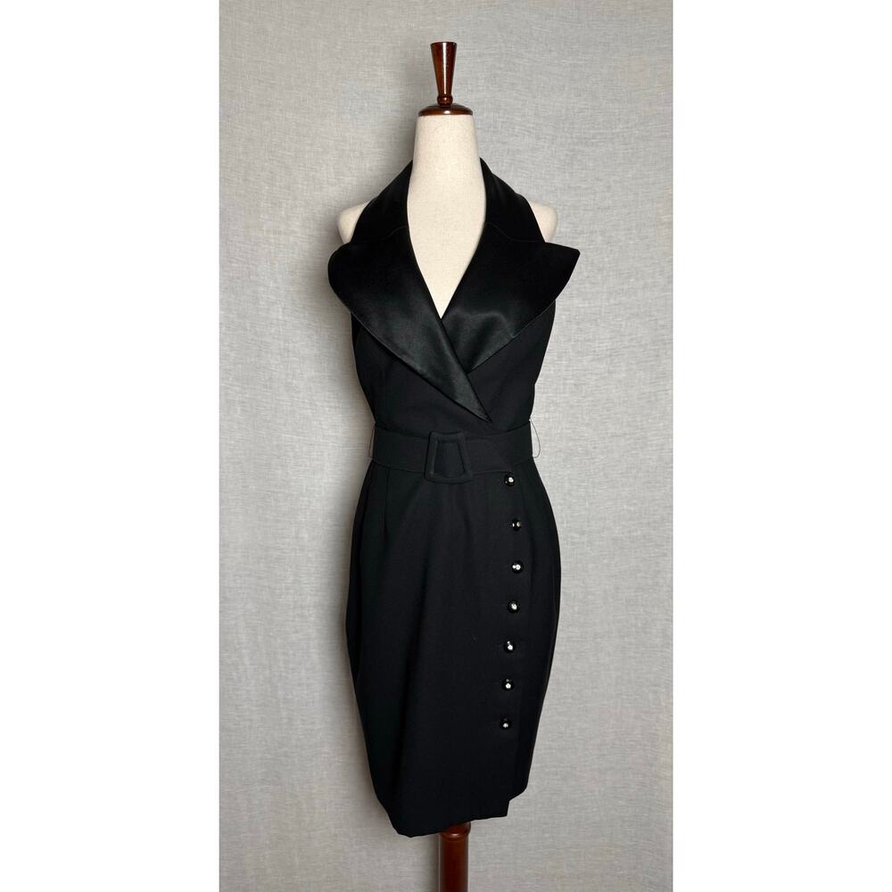 VTG AJ Bari Black Belted Tuxedo Halter Dress Rhinestone Button Cocktail 
8